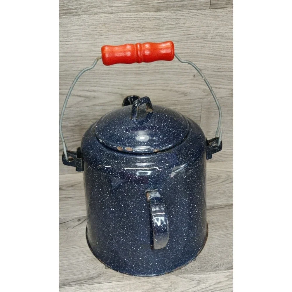 Large Vintage Enamelware Dark Blue-White Speckled Cowboy Coffee Kettle Pot